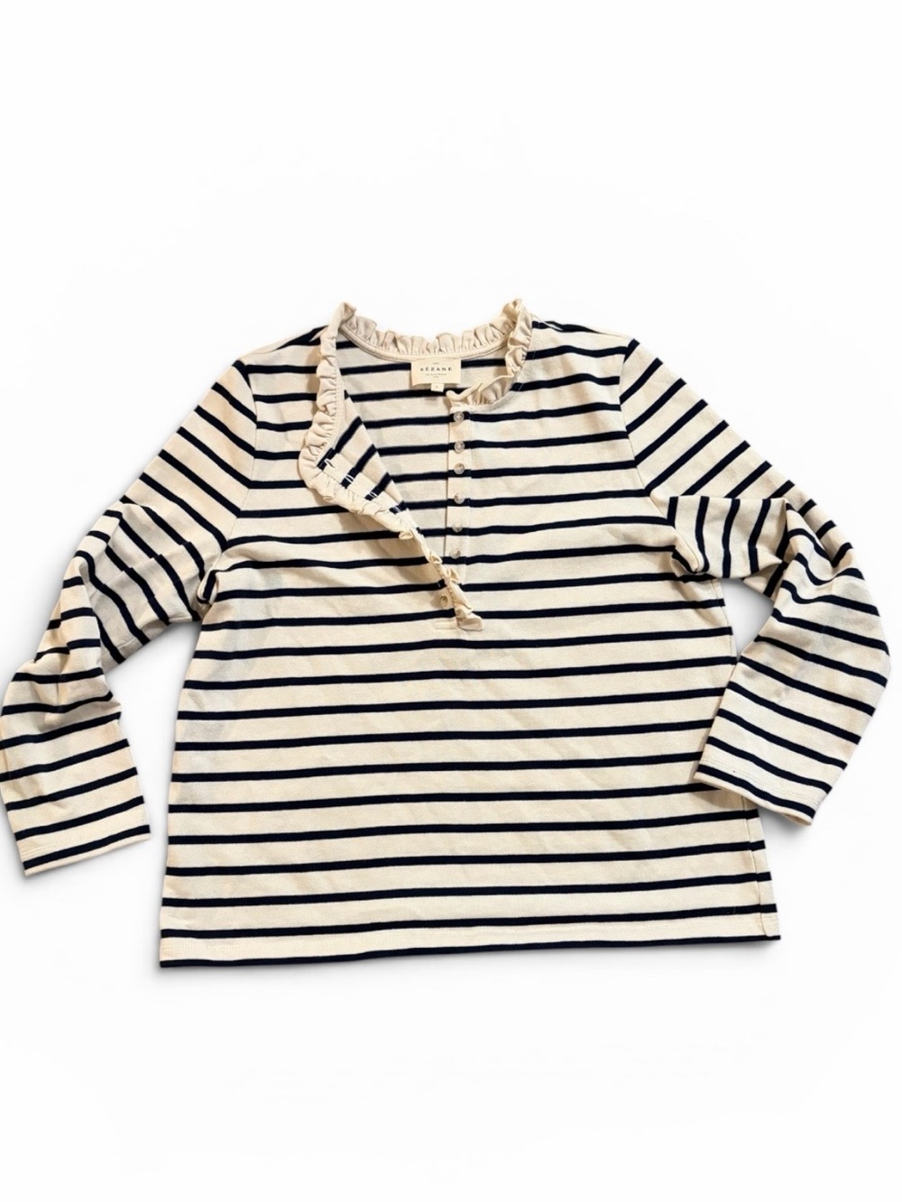 Sezane Navy & Cream Striped Ruffle-Trim Long Sleeve Top